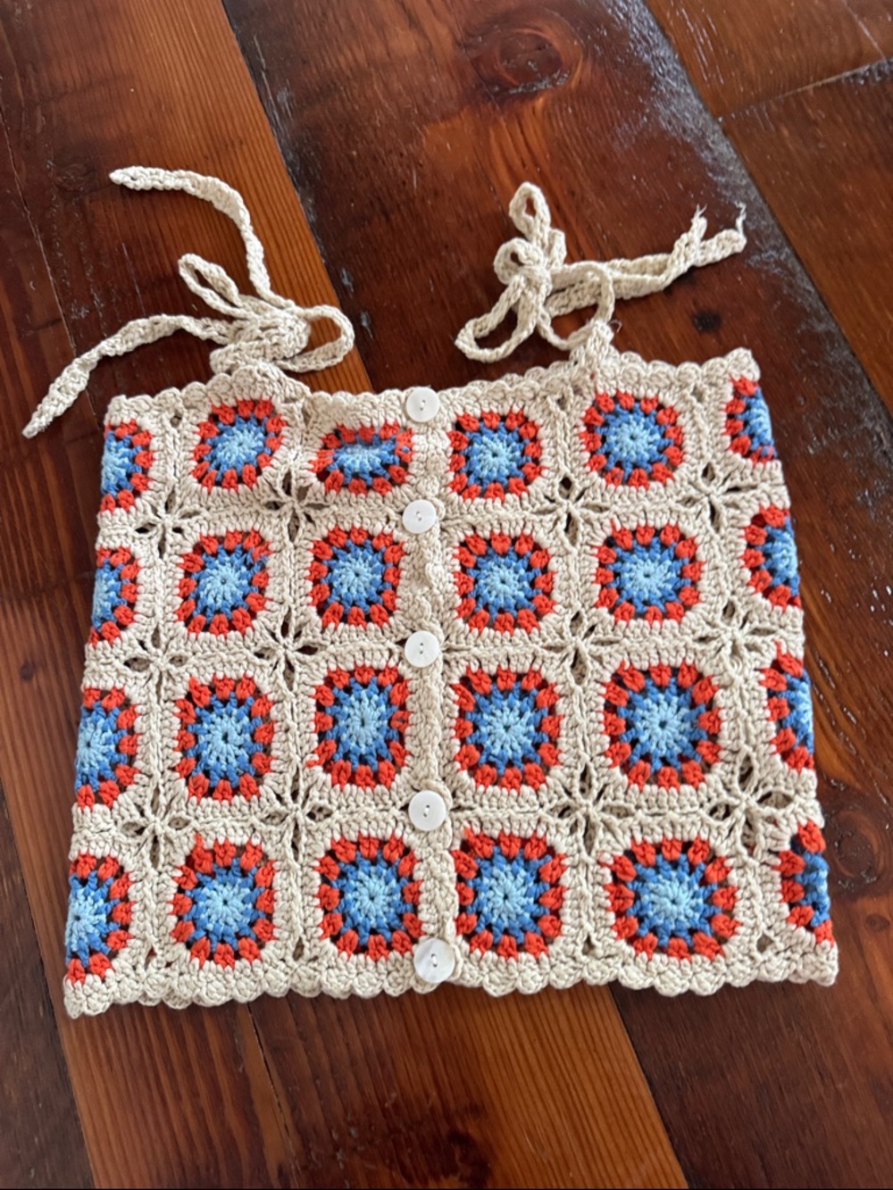 FRNCH Crochet Square Button-Front Camisole in Cream, Blue & Red
